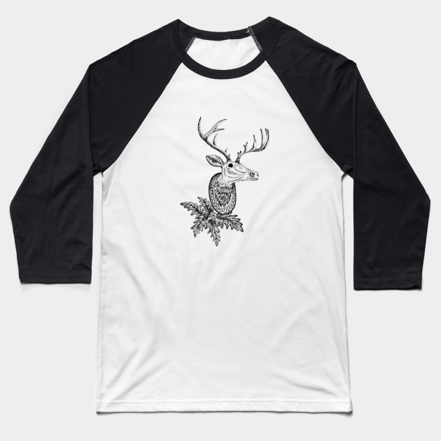 Deer Head with Leaves Baseball T-Shirt by KatyaZorin
